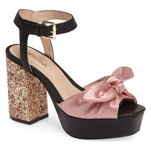 Shellys London Deepali Blush Satin Knotted Glitter Chunky Rocker Platform Sandal